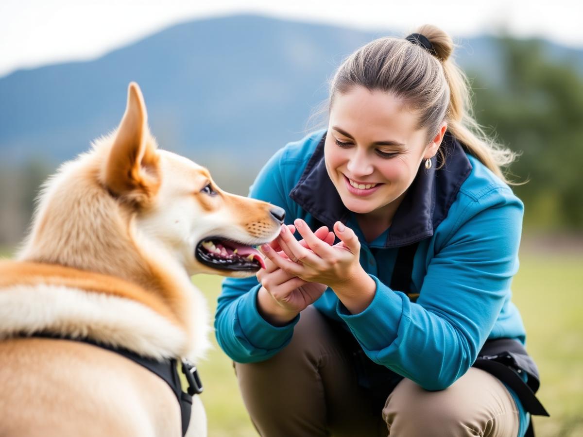 Trainer working calmly with a dog outdoors